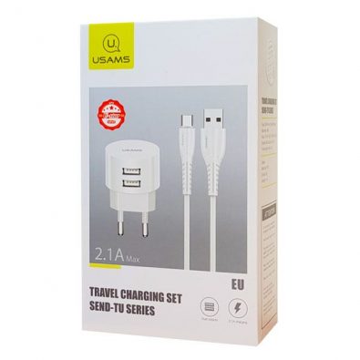 Usams 2x USB Wall Adapter & USB-C Cable White (T20)